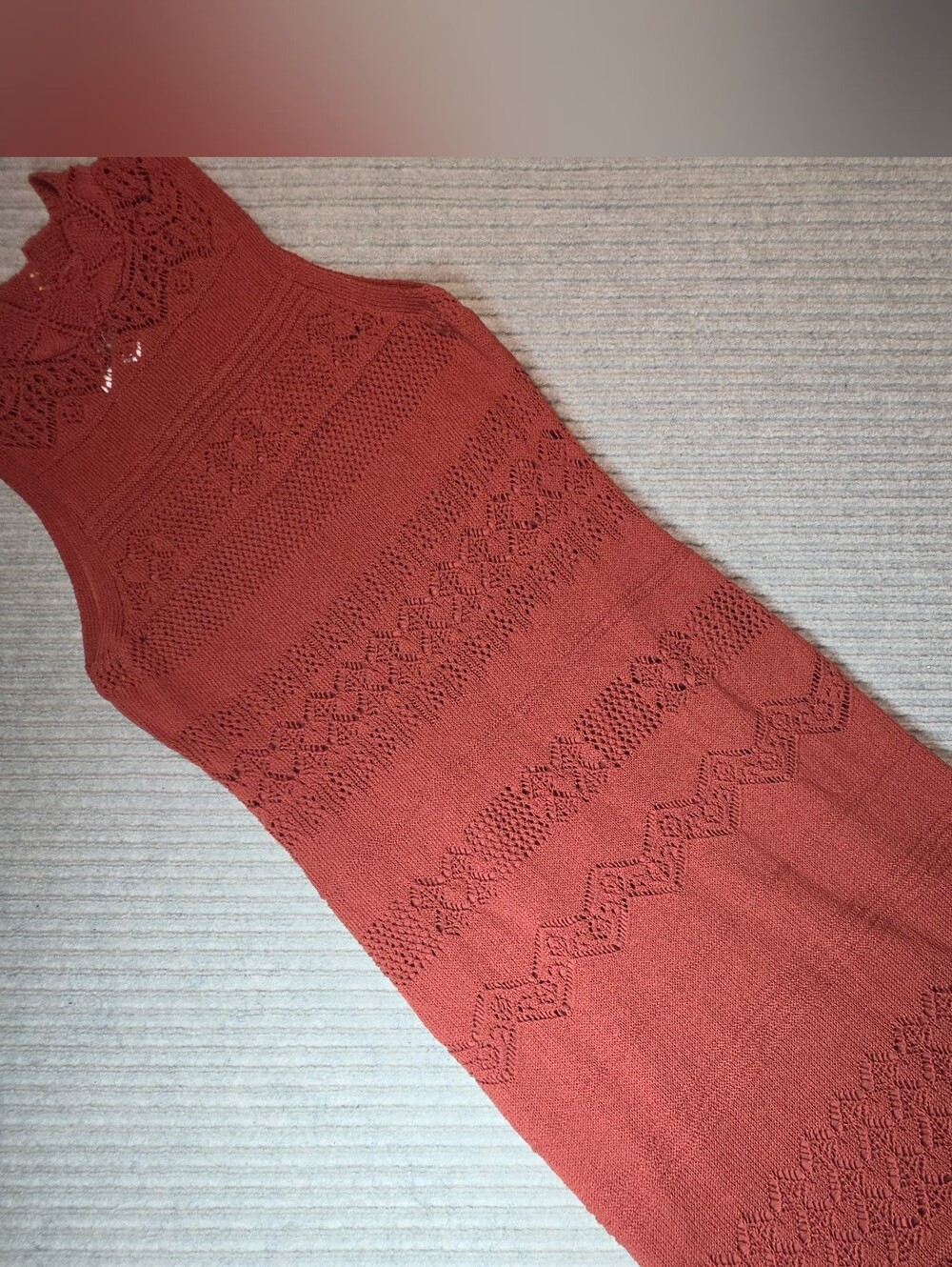 Anthropologie Crochet Maxi Dress Size XL Rust Cottage core Maxi Boho Knit